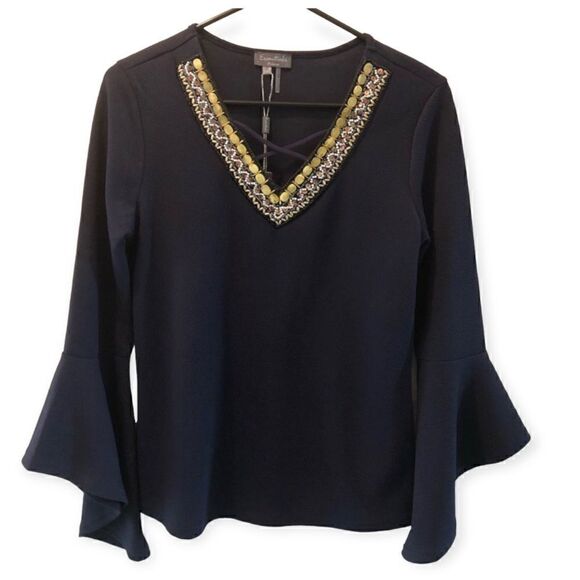 Essentials Sz S NWT Navy Blue Yellow Flared Sleeve Party Beaded Neckline Top - Picture 1 of 9